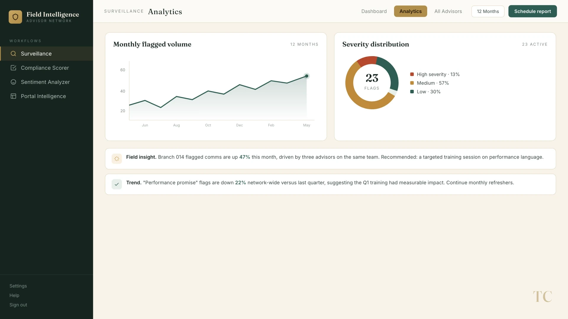 Monthly flag volume, severity mix, and field insights